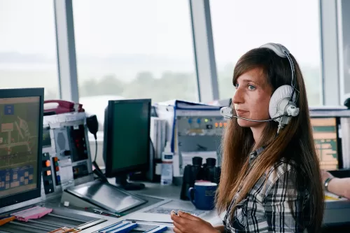 Air Traffic Controller in the control tower at Doncaster Sheffield Airport.