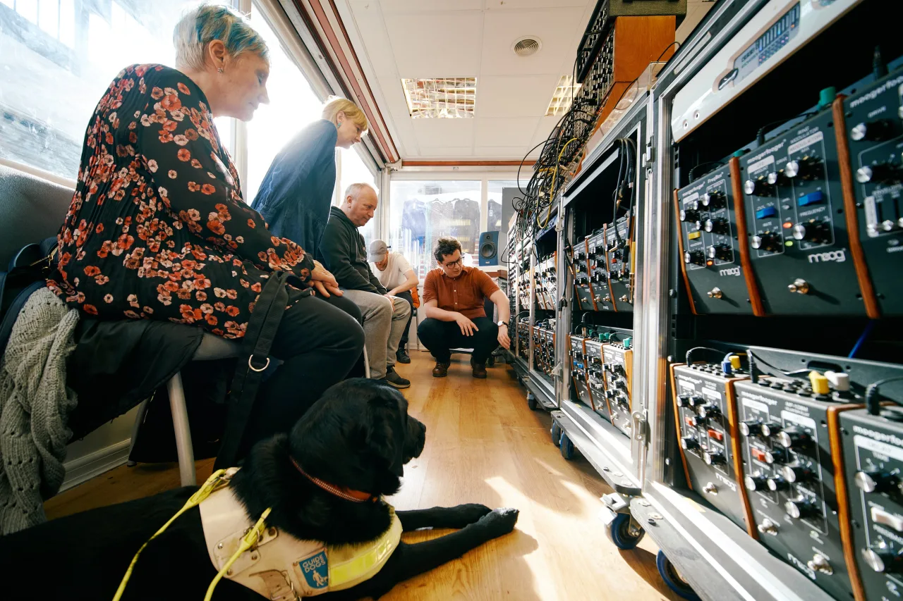 Moog Sound Lab with visually impaired group and Finlay Shakespeare